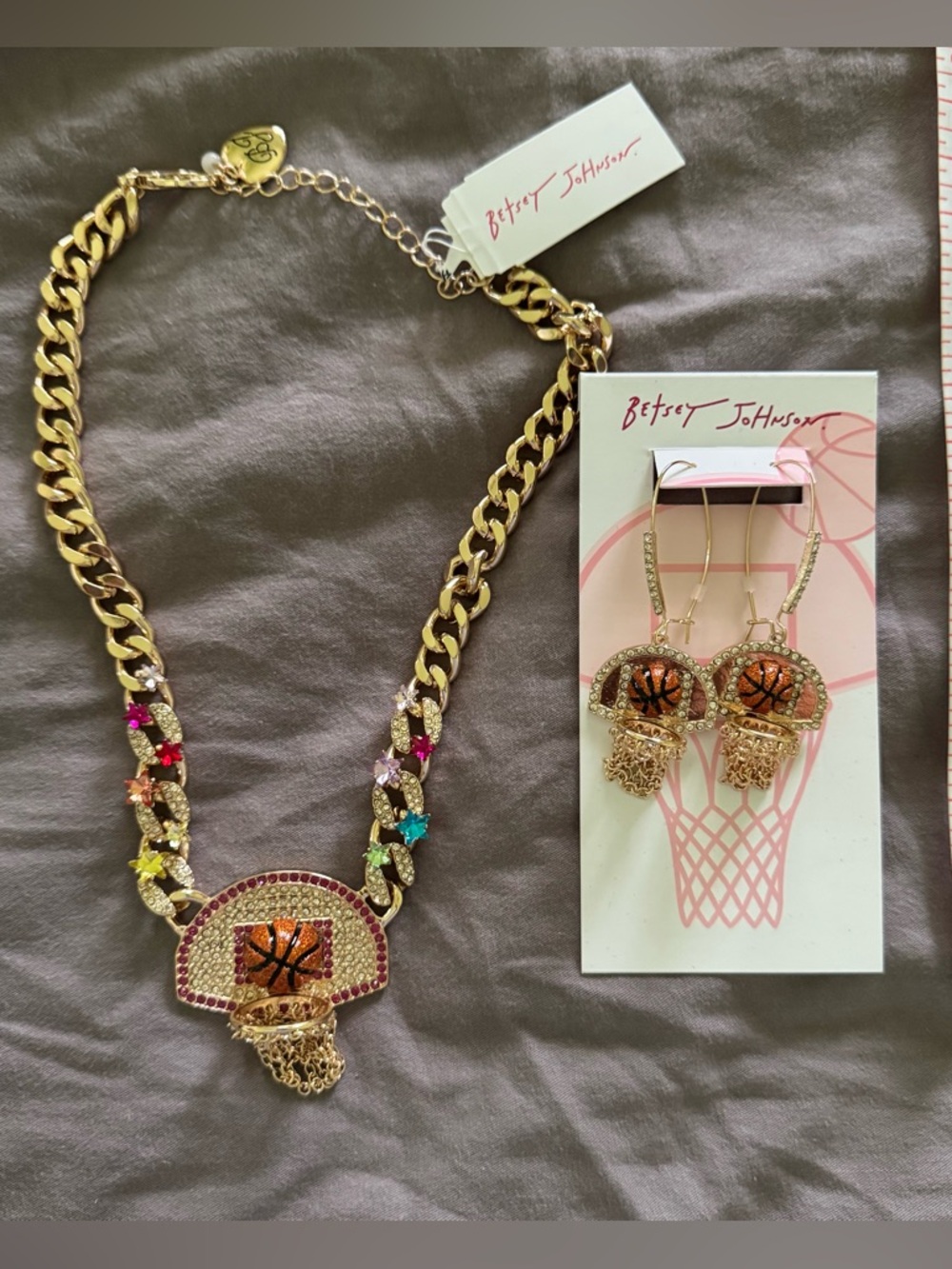NEW Betsey Johnson Basketball Short Pendant Statement Necklace AND Earrings set
